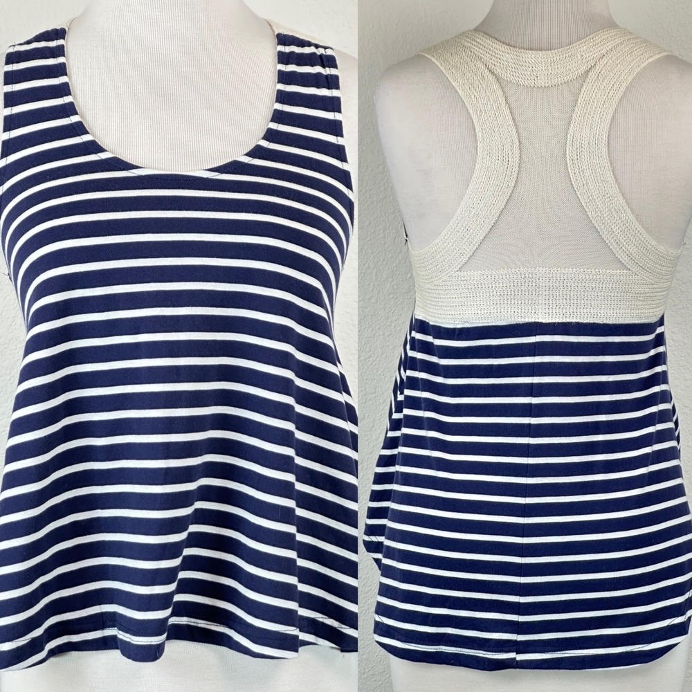 Ocean Drive Striped Tank Top M Blue White Racerback Knit Boho Coastal